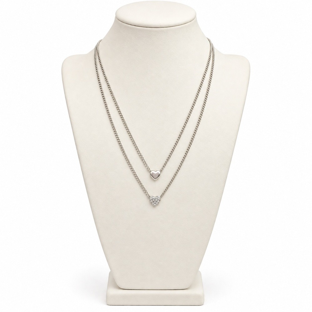 Silver Tone Double Strand Heart Charm Necklace Clear Rhinestones 18-21"